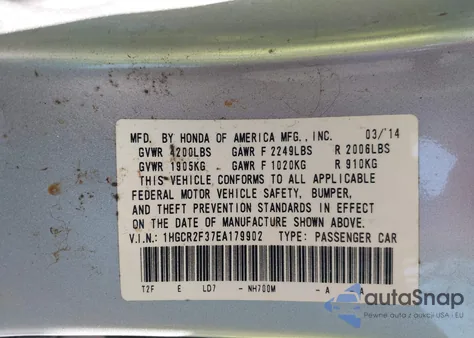 2014 Honda Accord Lx из США, поврежденный, VIN 1HGCR2F37EA179902